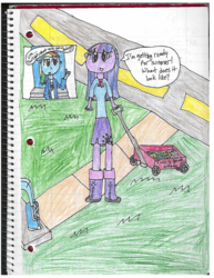 Size: 1275x1650 | Tagged: safe, alternate version, artist:nightshadowmlp, rainbow dash, twilight sparkle, equestria girls, g4, book, clothes, duo, grass, lined paper, simple background, street, traditional art, transparent background, wagon