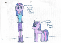 Size: 838x589 | Tagged: safe, artist:nightshadowmlp, sci-twi, twilight sparkle, unicorn, equestria girls, equestria girls specials, g4, my little pony equestria girls: better together, my little pony equestria girls: spring breakdown, equestria girls ponified, glasses, lined paper, text, traditional art, twolight, unicorn sci-twi