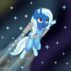 Size: 1500x1500 | Tagged: safe, artist:phallen1, trixie, alien, alien pony, bicorn, original species, g4, alternate color palette, alternate universe, atg 2018, bodysuit, boots, female, flying, harness, hoof gloves, horn, jetpack, newbie artist training grounds, ray gun, shoes, space, space pony, tack, wingding eyes