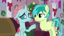 Size: 1920x1080 | Tagged: safe, screencap, dawnlighter, ocellus, sandbar, changedling, changeling, pony, g4, the hearth's warming club, discovery family, discovery family logo, friendship student, logo