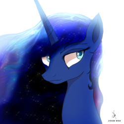 Size: 720x720 | Tagged: safe, artist:zidanemina, princess luna, alicorn, pony, g4, female, mare, missing accessory, quickie, simple background, smiling, solo