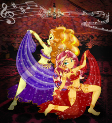 Size: 2551x2806 | Tagged: safe, artist:ponymaan, adagio dazzle, sunset shimmer, equestria girls, g4, anklet, arabian nights, armlet, armpits, barefoot, bedroom eyes, belly button, belly dancer, belly dancer outfit, bracelet, d major, dancing, duo, duo female, ear piercing, earring, feet, female, gem, harem outfit, high res, jewelry, leg bracelet, loincloth, midriff, music notes, piercing, singing belly dancing rainbooms, siren gem, sunset shimmer singing belly dancer, tiara