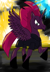 Size: 640x924 | Tagged: safe, artist:horsesplease, tempest shadow, alicorn, pony, g4, >:), alicornified, evil grin, explosion, fireworks, fizzlepop's fireworks, happy, horn, paint tool sai, pretty pretty tempest, princess of explosions, race swap, raised hoof, smiling, smirk, spread wings, tempest gets her horn back, tempest gets her wings back, tempest now has a true horn, tempesticorn, wings