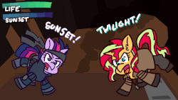 Size: 1920x1080 | Tagged: safe, artist:threetwotwo32232, sunset shimmer, twilight sparkle, pony, unicorn, g4, animated, atg 2018, dialogue, female, gif, liquid shimmer, liquid snake, mare, metal gear, newbie artist training grounds, solid snake, solid sparkle