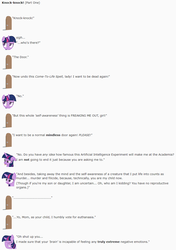Size: 857x1218 | Tagged: safe, artist:dziadek1990, twilight sparkle, g4, androgynous, artificial intelligence, child, conversation, dialogue, door, emote story, emotes, euthanasia, experiment, female, kill me, knock knock joke, magic, mother, mother and child, murder, parent:twilight sparkle, reddit, science, slice of life, spell, text