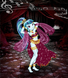 Size: 2551x2920 | Tagged: safe, artist:ponymaan, sonata dusk, equestria girls, g4, anklet, arabian nights, arm behind head, armlet, armpits, barefoot, beautiful, belly button, belly dancer, belly dancer outfit, bracelet, cute, dancing, ear piercing, earring, eyeshadow, feet, female, gem, high res, jewelry, leg bracelet, loincloth, looking at you, makeup, midriff, music notes, piercing, singing belly dancing rainbooms, siren gem, solo, sonatabetes, stupid sexy sonata dusk