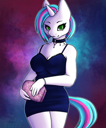 Size: 800x960 | Tagged: safe, artist:zuffs, oc, oc only, oc:fluorescent luminosity, unicorn, anthro, anthro oc, breasts, clothes, digital art, dress, female, green eyes, mare, purse, smiling, solo