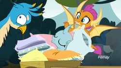 Size: 1366x768 | Tagged: safe, edit, edited screencap, editor:horsesplease, screencap, gallus, ocellus, smolder, dragon, griffon, g4, school daze, bed bug, behaving like a rooster, cute, derp, diaocelles, discovery family logo, dragoness, duo, female, flying, gallus the rooster, grin, happy, paint tool sai, pillow, sleeping, smiling, wagon