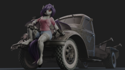 Size: 1920x1080 | Tagged: safe, artist:v747, oc, oc only, oc:belle nuit, bat pony, anthro, unguligrade anthro, 3d, anthro oc, bat pony oc, clothes, commission, female, mare, shirt, shorts, solo, truck, ych result