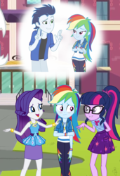 Size: 1680x2460 | Tagged: safe, artist:ilaria122, rainbow dash, rarity, sci-twi, soarin', twilight sparkle, equestria girls, g4, my little pony equestria girls: better together, belt, blushing, bow, bracelet, canterlot high, clothes, cute, dashabetes, embarrassed, equestria girls-ified, female, geode of shielding, geode of super speed, geode of telekinesis, glasses, jewelry, looking away, magical geodes, male, pants, ponytail, rarity peplum dress, rubbing arm, ship:soarindash, shiplight sparkle, shipper on deck, shipperity, shipping, shirt, simple background, skirt, smiling, straight, sweatshirt, t-shirt, twilight the shipper, wristband