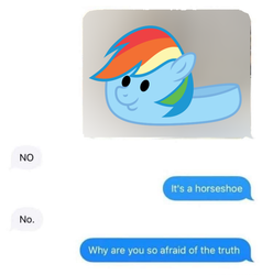 Size: 718x753 | Tagged: safe, rainbow dash, g4, tanks for the memories, clothes, dashie slippers, horseshoes, pun, slippers, text, texting, visual pun