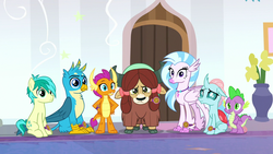 Size: 1280x720 | Tagged: safe, screencap, gallus, ocellus, sandbar, silverstream, smolder, spike, yona, changedling, changeling, classical hippogriff, dragon, earth pony, griffon, hippogriff, pony, yak, a matter of principals, g4, bow, cloven hooves, confused, dragoness, female, hair bow, jewelry, male, monkey swings, necklace, school of friendship, student six, teenager