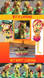 Size: 3333x5827 | Tagged: safe, artist:ejlightning007arts, screencap, sunset shimmer, unicorn, equestria girls, equestria girls specials, g4, my little pony equestria girls: better together, my little pony equestria girls: forgotten friendship, unsolved selfie mysteries, beach towel, bikini, build-a-bear, clothes, costume, customized toy, female, handmade, irl, mare, photo, plushie, sarong, solo, summer sunset, swimsuit, toy