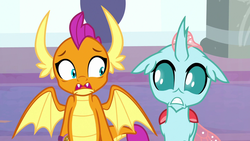 Size: 1280x720 | Tagged: safe, screencap, ocellus, smolder, changedling, changeling, dragon, a matter of principals, g4, dragon wings, dragoness, fangs, female, floppy ears, gritted teeth, horns, open mouth, scared, spread wings, wings