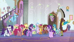 Size: 1280x720 | Tagged: safe, screencap, applejack, discord, fluttershy, gallus, ocellus, pinkie pie, rainbow dash, rarity, sandbar, silverstream, smolder, spike, starlight glimmer, twilight sparkle, yona, alicorn, changedling, changeling, classical hippogriff, draconequus, dragon, earth pony, griffon, hippogriff, pegasus, pony, unicorn, yak, a matter of principals, g4, bow, chest fluff, cloven hooves, cowboy hat, dirty, dragoness, female, hair bow, hat, jewelry, male, mane six, monkey swings, necklace, student six, teenager, twilight sparkle (alicorn), wet mane