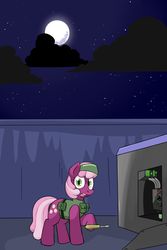 Size: 1280x1920 | Tagged: safe, artist:zanezandell, cheerilee, pony, comic:cmcnext, g4, clothes, cloud, cmcnext, female, first person view, looking at you, machine, moon, night, offscreen character, pov, screwdriver, solo, stars, vest