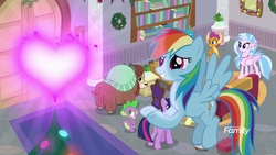 Size: 1920x1080 | Tagged: safe, screencap, rainbow dash, silverstream, smolder, spike, twilight sparkle, yona, alicorn, classical hippogriff, dragon, hippogriff, pegasus, pony, yak, g4, the hearth's warming club, cute, dashabetes, discovery family, discovery family logo, female, fire of friendship, flying, heart, logo, male, mare, twilight sparkle (alicorn), winged spike, wings