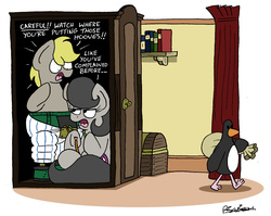 Size: 5210x4157 | Tagged: safe, artist:bobthedalek, oc, oc:mixed melody, oc:octavia's father, oc:octavia's mother, oc:ostinato melody, bird, earth pony, penguin, pony, aardman animations, absurd resolution, adélie penguin, chest, closet, clothes, feathers mcgraw, female, innuendo, male, mare, pajamas, stallion, techno trousers, the wrong trousers, wallace and gromit, wires