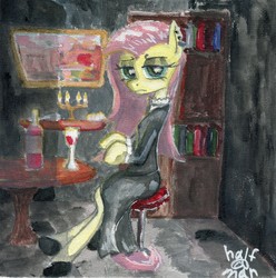 Size: 2315x2330 | Tagged: safe, artist:halfaman, fluttershy, pony, fake it 'til you make it, g4, acrylic painting, alcohol, book, bookshelf, bottle, candle, canvas, chair, clothes, dark room, dress, female, fluttergoth, high res, looking at you, mare, painting, piercing, signature, stool, wine, wine glass