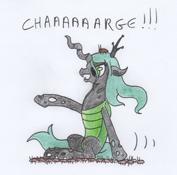 Size: 855x840 | Tagged: safe, artist:kuroneko, derpibooru exclusive, queen chrysalis, changeling, cockroach, insect, g4, charge, colored pencil drawing, cute, cutealis, female, pointing, raised hoof, simple background, sitting, solo, traditional art, white background