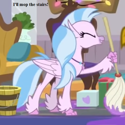 Size: 567x567 | Tagged: safe, edit, edited screencap, editor:korora, screencap, silverstream, classical hippogriff, hippogriff, g4, the hearth's warming club, bucket, cropped, cute, diastreamies, hearth's warming lights, jewelry, mop, necklace, school of friendship, that hippogriff sure does love stairs