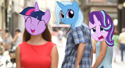 Size: 1134x614 | Tagged: safe, edit, starlight glimmer, trixie, twilight sparkle, g4, distracted boyfriend meme, female, infidelity, lesbian, ship:startrix, ship:twixie, shipping