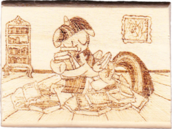Size: 847x634 | Tagged: safe, artist:malte279, twilight sparkle, alicorn, pony, g4, book, book nest, craft, female, floppy ears, pyrography, solo, that pony sure does love books, traditional art, twilight sparkle (alicorn)