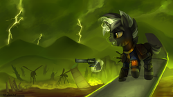 Size: 1920x1080 | Tagged: safe, artist:jedayskayvoker, oc, oc only, oc:shadow strike, hybrid, insect, pony, unicorn, zebra, zony, fallout equestria, clothes, fallout equestria: guardians of the wastes, fanfic, fanfic art, glowing horn, gun, handgun, hooves, horn, jumpsuit, levitation, lightning, magic, pipbuck, radioactive, revolver, saddle bag, smiling, solo, teeth, telekinesis, vault suit, wasteland, weapon