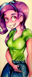 Size: 1329x3188 | Tagged: safe, artist:nolyanimeid, starlight glimmer, equestria girls, g4, clothes, cute, female, looking up, pants, simple background, smiling, solo, traditional art, white background