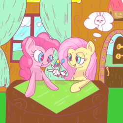 Size: 2048x2048 | Tagged: safe, artist:fork, angel bunny, fluttershy, pinkie pie, earth pony, pegasus, pony, g4, balloon, curtains, high res, house, pink, speech bubble, sweat, tree