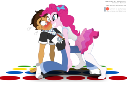 Size: 3976x2739 | Tagged: safe, artist:niban-destikim, pinkie pie, oc, oc:copper plume, equestria girls, g4, my little pony equestria girls: better together, blushing, bow, canon x oc, clothes, commission, commissioner:imperfectxiii, copperpie, cute, freckles, glasses, high res, looking at each other, neckerchief, pantyhose, shirt, simple background, skirt, smiling, socks, transparent background, twister