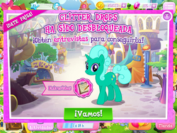 Size: 1080x810 | Tagged: safe, gameloft, screencap, apple bloom, glitter drops, pony, unicorn, g4, female, game screencap, gem, mare, spanish