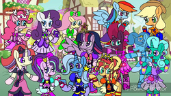 Size: 1280x720 | Tagged: safe, artist:徐詩珮, applejack, fluttershy, glitter drops, moondancer, pinkie pie, rainbow dash, rarity, spring rain, starlight glimmer, sunset shimmer, tempest shadow, trixie, twilight sparkle, alicorn, pony, g4, mane six, ponyville, precure, twilight sparkle (alicorn)