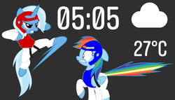 Size: 1748x1000 | Tagged: artist needed, safe, rainbow dash, trixie, pegasus, pony, unicorn, g4, black background, black belt, chest guard, clothes, dobok, get, gi, headgear, index get, kick, martial arts, pants, robe, simple background, taekwondo, tail, tailboner, this will end in pain, this will end in tears, x00000 milestone
