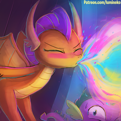 Size: 750x750 | Tagged: safe, artist:lumineko, smolder, spike, dragon, a matter of principals, g4, allergies, dragonfire, duo, eyes closed, female, fire, male, rainbow fire, sneezing, sweat