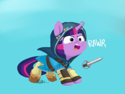 Size: 2838x2130 | Tagged: safe, artist:pucksterv, twilight sparkle, pony, g4, atg 2018, blue background, clothes, cute, female, glowing horn, high res, horn, magic, newbie artist training grounds, rawr, simple background, solo, sword, telekinesis, the legend of zelda, the legend of zelda: breath of the wild, twiabetes, weapon