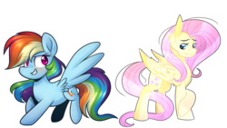 Size: 1024x576 | Tagged: safe, artist:ak4neh, artist:lynchristina, fluttershy, rainbow dash, pegasus, pony, g4, collaboration, digital art, duo, female, looking at each other, looking back, mare, simple background, transparent background