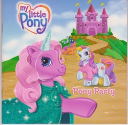 Size: 800x784 | Tagged: safe, artist:carlo loraso, pinkie pie (g3), sparkleworks, sunny daze (g3), g3, book, book cover, castle, clothes, costume, cover, hat, heart, heart eyes, horn, pony party, wingding eyes
