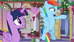 Size: 1920x1080 | Tagged: safe, screencap, rainbow dash, twilight sparkle, alicorn, pony, g4, the hearth's warming club, discovery family, discovery family logo, flying, hooves on hips, lidded eyes, logo, present, twilight sparkle (alicorn)