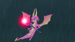 Size: 1217x684 | Tagged: safe, screencap, scales (g4), dragon, g4, the hearth's warming club, bloodstone scepter, dragoness, female, flying, glowing, rain, smug, solo, spread wings, ungrateful, wings