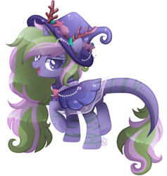 Size: 1757x1850 | Tagged: safe, artist:sugaryicecreammlp, oc, oc only, oc:cosmic claw, pony, unicorn, antlers, cloak, clothes, female, hat, mare, simple background, solo, transparent background, witch hat