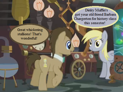 Size: 432x324 | Tagged: safe, edit, edited screencap, editor:korora, screencap, derpy hooves, doctor whooves, time turner, earth pony, pegasus, pony, g4, slice of life (episode), cropped, doctor who, doctor whooves' lab, female, flameless fireworks, implied dinky, lab, male, mare, speech bubble, stallion, text