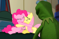 Size: 1150x768 | Tagged: safe, edit, edited screencap, screencap, fluttershy, pinkie pie, buckball season, g4, crossover, fear hug, hug, kermit the frog, male, scared