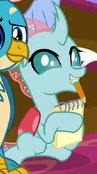 Size: 438x788 | Tagged: safe, screencap, gallus, ocellus, changedling, changeling, griffon, a matter of principals, g4, cropped, cute, diaocelles, mouth hold, notepad, pencil