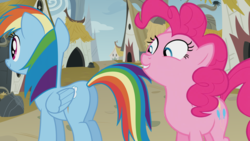 Size: 1360x768 | Tagged: safe, artist:rsa.fim, edit, edited screencap, part of a set, screencap, pinkie pie, rainbow dash, g4, the lost treasure of griffonstone, griffonstone, imminent butt kissing, the ass was fat