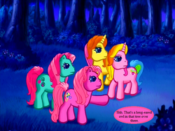 Size: 640x480 | Tagged: safe, edit, edited screencap, editor:korora, screencap, brights brightly, minty, pinkie pie (g3), rarity (g3), a very pony place, come back lily lightly, g3, bird watching, cropped, forest, night, speech bubble, text