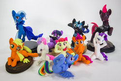 Size: 1280x853 | Tagged: safe, artist:dustysculptures, apple bloom, applejack, nightmare moon, rainbow dash, rarity, scootaloo, sweetie belle, tempest shadow, twilight sparkle, alicorn, earth pony, pegasus, pony, unicorn, bronycon, bronycon 2018, g4, arm behind head, bipedal, book, bookhorse, cape, clothes, craft, cutie mark crusaders, female, filly, hear no evil, irl, mare, on back, photo, prone, sculpture, see no evil, sitting, speak no evil, three wise monkeys, three wise ponies, trixie's cape