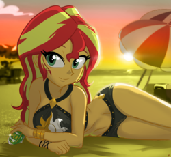 Size: 980x900 | Tagged: safe, artist:ta-na, sunset shimmer, equestria girls, equestria girls series, forgotten friendship, adorasexy, adventure in the comments, alcohol, backlighting, beach, beach babe, beach umbrella, beautiful, beautisexy, beer, belly button, bikini, bikini babe, bikini bottom, bikini top, black swimsuit, blurry background, bracelet, breasts, clothes, cloud, cute, cutie mark on clothes, discussion in the comments, eyelashes, featured image, female, jewelry, lens flare, looking at you, midriff, ocean, on side, outdoors, pun, sand, sexy, shimmerbetes, sky, smiling, solo, stupid sexy sunset shimmer, summer sunset, sun, sunset, sunset shimmer's beach shorts swimsuit, swimsuit, tan, visual pun