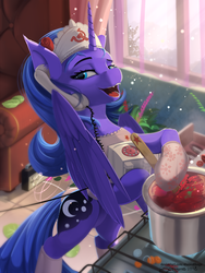 Size: 1200x1600 | Tagged: safe, artist:discordthege, princess luna, alicorn, pony, g4, apron, borscht, clothes, cooking, fangs, female, food, hoof hold, kitchen, mare, oven mitts, phone, solo, soup, soviet, stalliongrad, stove, wing hold