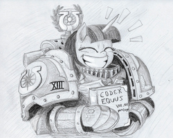 Size: 933x747 | Tagged: safe, artist:t72b, derpibooru exclusive, twilight sparkle, alicorn, semi-anthro, armor, book, bust, codex astartes, eyes closed, female, grin, happy, monochrome, newbie artist training grounds, parody, portrait, power armor, primarch, roboute guilliman, smiling, solo, that pony sure does love books, traditional art, twilight sparkle (alicorn), ultramarine, warhammer (game), warhammer 30k, warhammer 40k